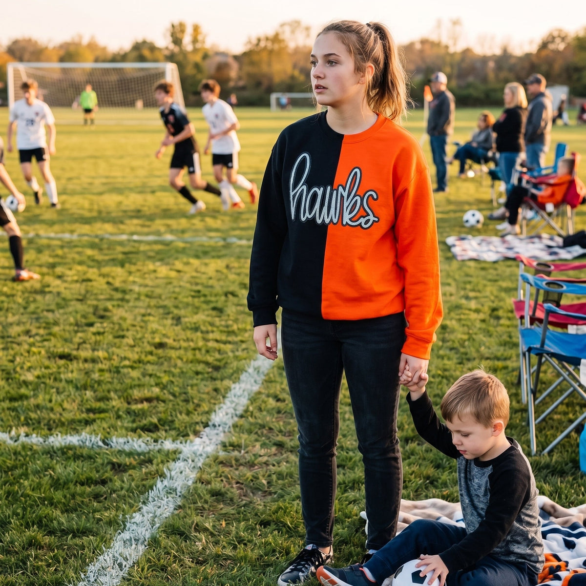 A woman and a young boy standing on a grassy sports field at sunset. The woman is wearing a split black and orange sweatshirt with the word 'hawks' across the chest, while the boy sits on a blanket holding a soccer ball nearby.