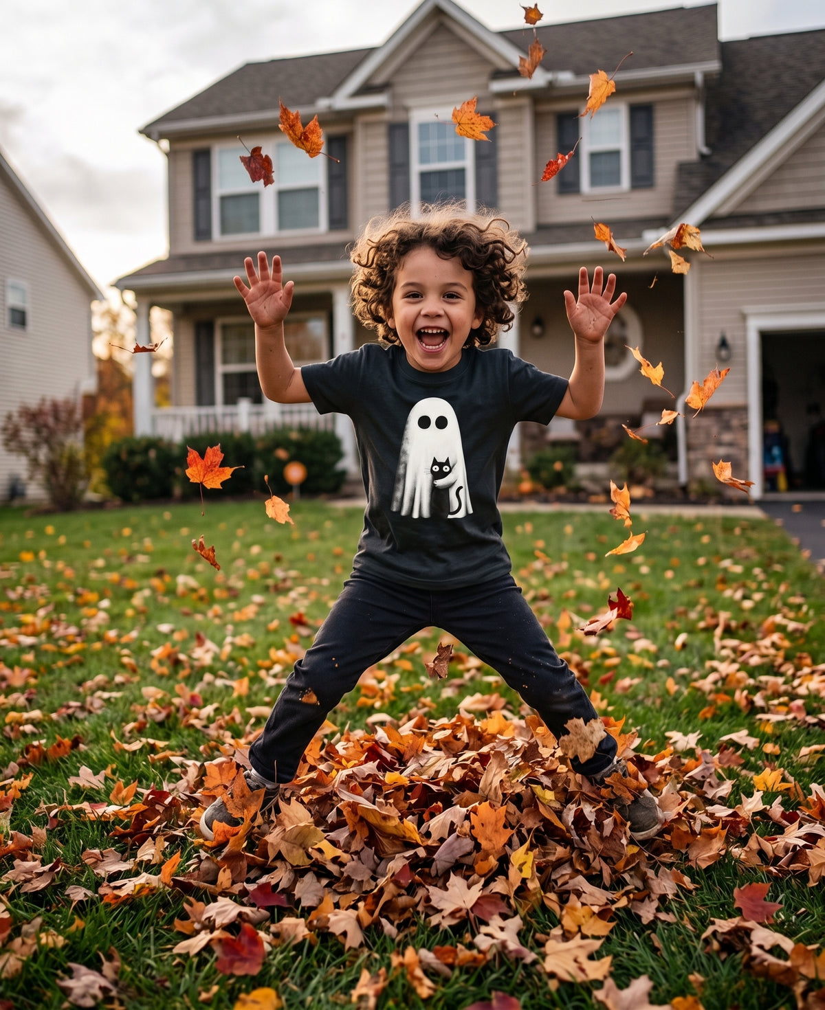 A young child with curly hair jumps joyfully in a pile of fallen autumn leaves on a green lawn, wearing a dark gray t-shirt with a white ghost and black cat graphic, paired with dark pants. Houses and trees are visible in the background with falling leaves in the air.
