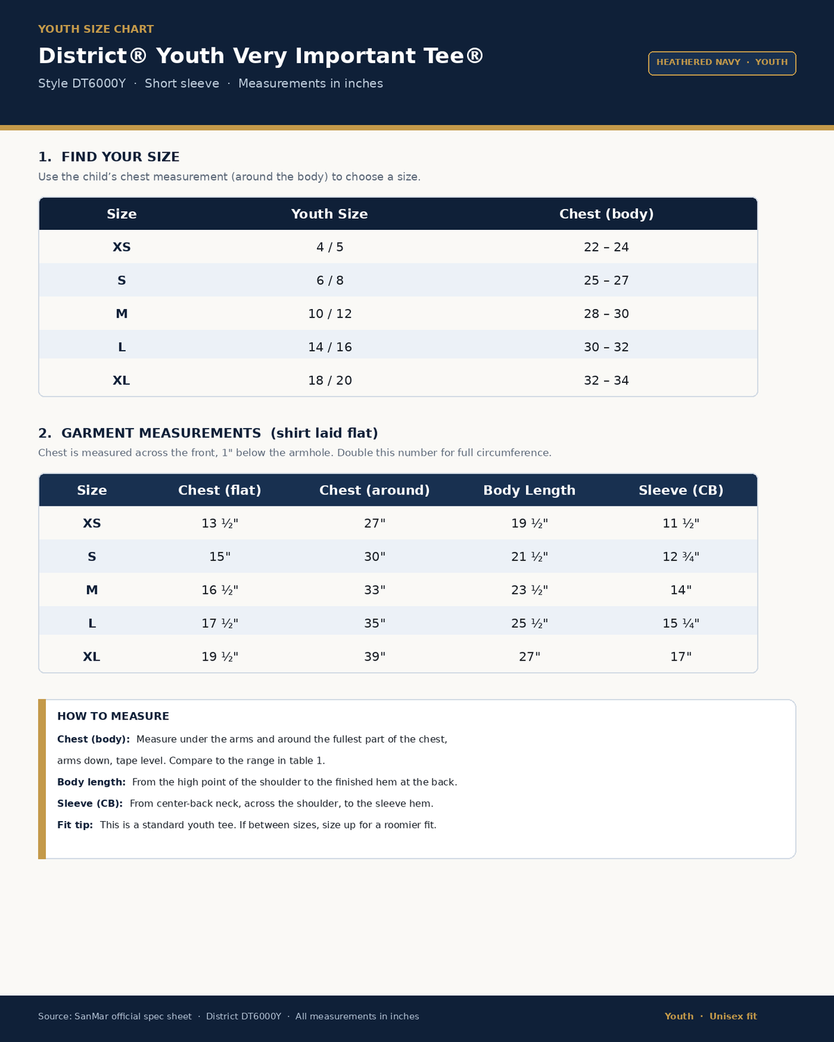 A size chart and measurement guide for the District 76 Youth Very Important Tee, showing sizing tables for XS through XL with youth and body measurements, plus a how-to-measure section.