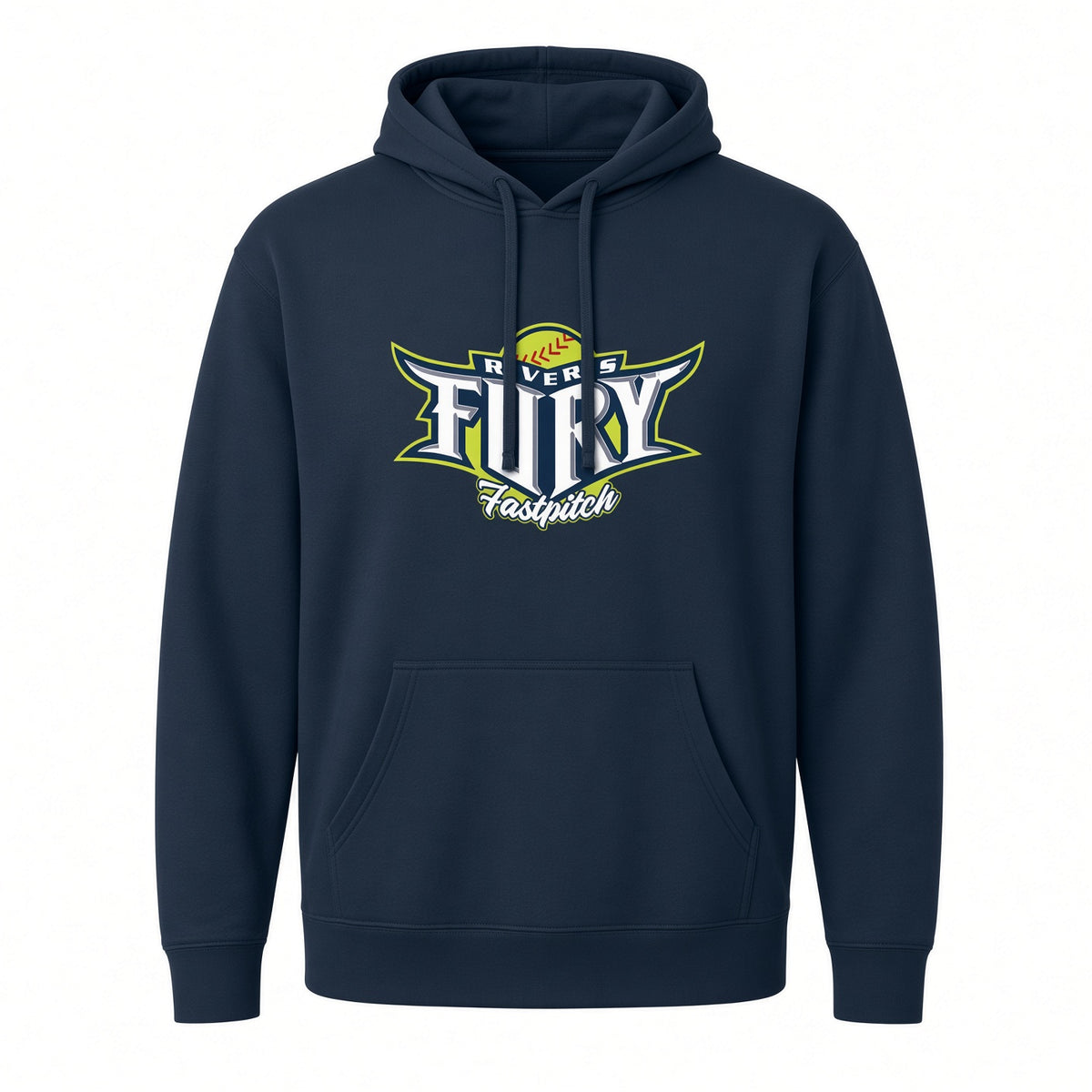 A navy blue pullover hoodie with a front kangaroo pocket and a graphic on the chest that reads 'FURY Fastpitch' with a softball illustration, shown on a plain white background.
