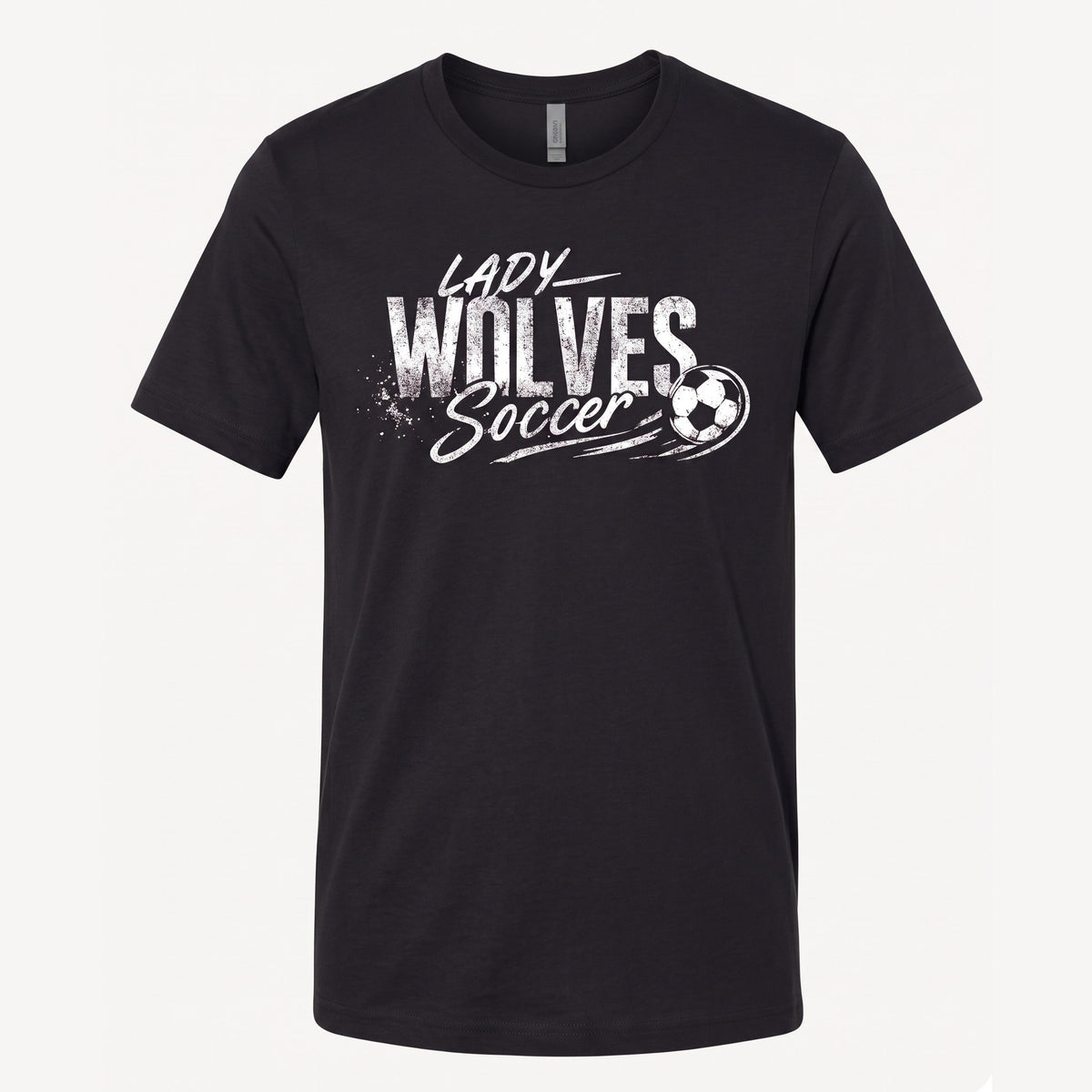 A black short-sleeve crewneck t-shirt with a distressed white graphic on the chest that reads 'LADY WOLVES Soccer' alongside a soccer ball illustration, displayed on a light gray background.