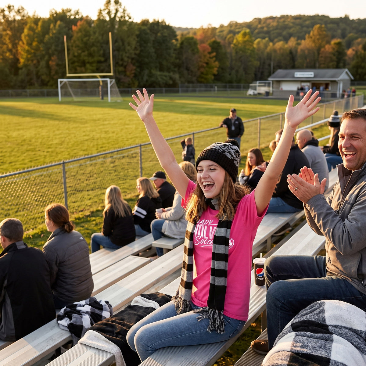 A woman sitting on a stadium bench at a sports field, wearing a bright pink t-shirt and a black-and-white striped knit scarf with her arms raised in excitement. A man in a gray jacket claps beside her, with other spectators, a chain-link fence, and a green field in the background.