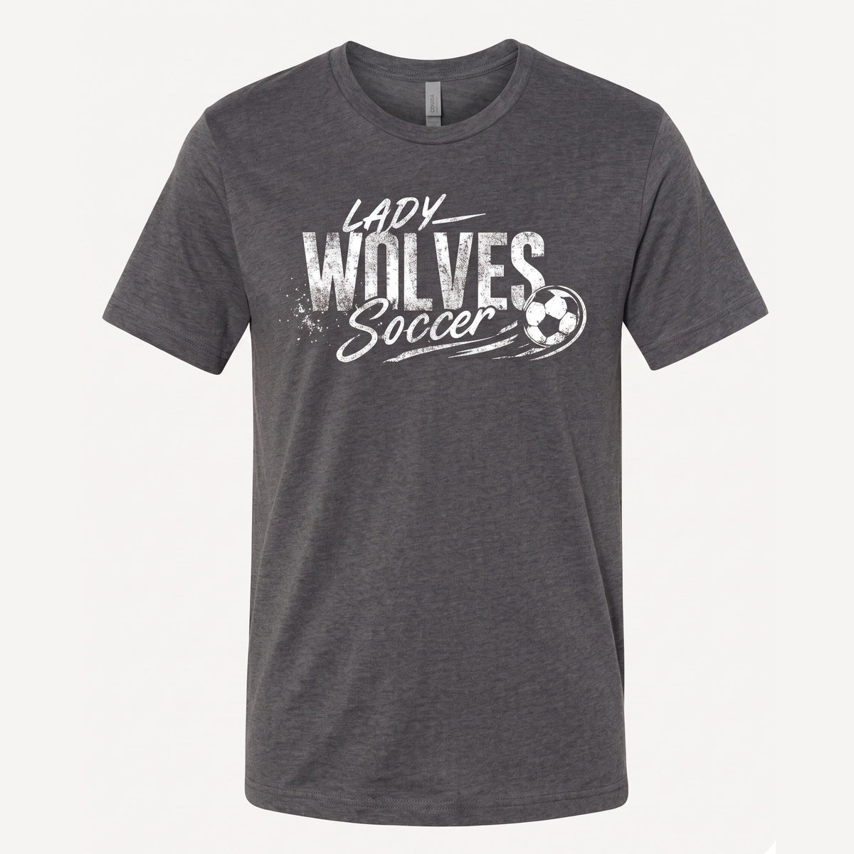 A dark heather gray short-sleeve t-shirt with a white graphic print on the chest reading 'LADY WOLVES Soccer' alongside a soccer ball illustration, displayed against a light off-white background.