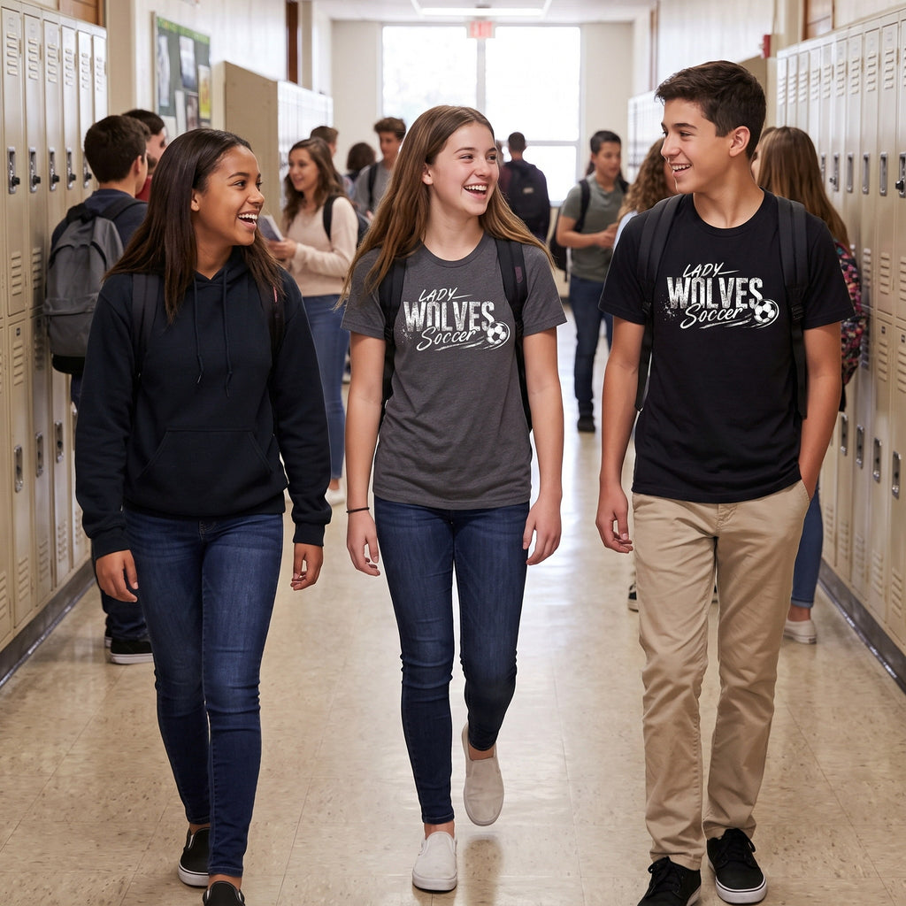 Three students walking and smiling in a school hallway, wearing matching black and gray t-shirts with 'Lady Wolves Soccer' printed on the front.