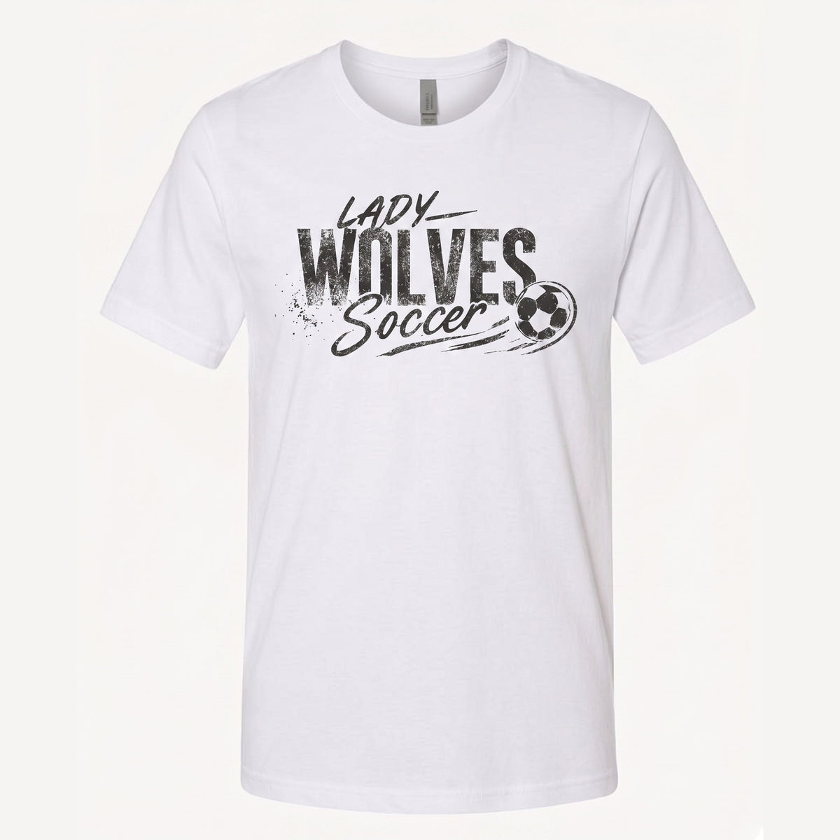 A white short-sleeve crewneck t-shirt featuring a distressed black graphic on the chest that reads 'LADY WOLVES Soccer' alongside a soccer ball illustration, displayed against a light off-white background.