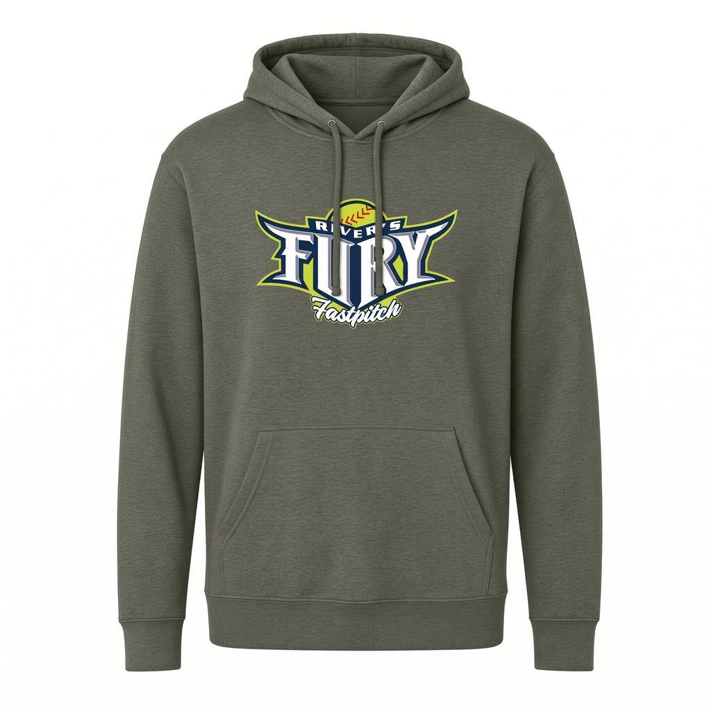 An olive green pullover hoodie featuring a 'River's Fury Fastpitch' softball graphic on the chest, displayed against a solid white background.