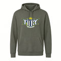 An olive green pullover hoodie featuring a 'River's Fury Fastpitch' softball graphic on the chest, displayed against a solid white background.