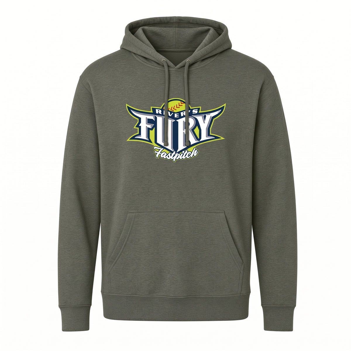 An olive green pullover hoodie featuring a 'River's Fury Fastpitch' softball graphic on the chest, displayed against a solid white background.