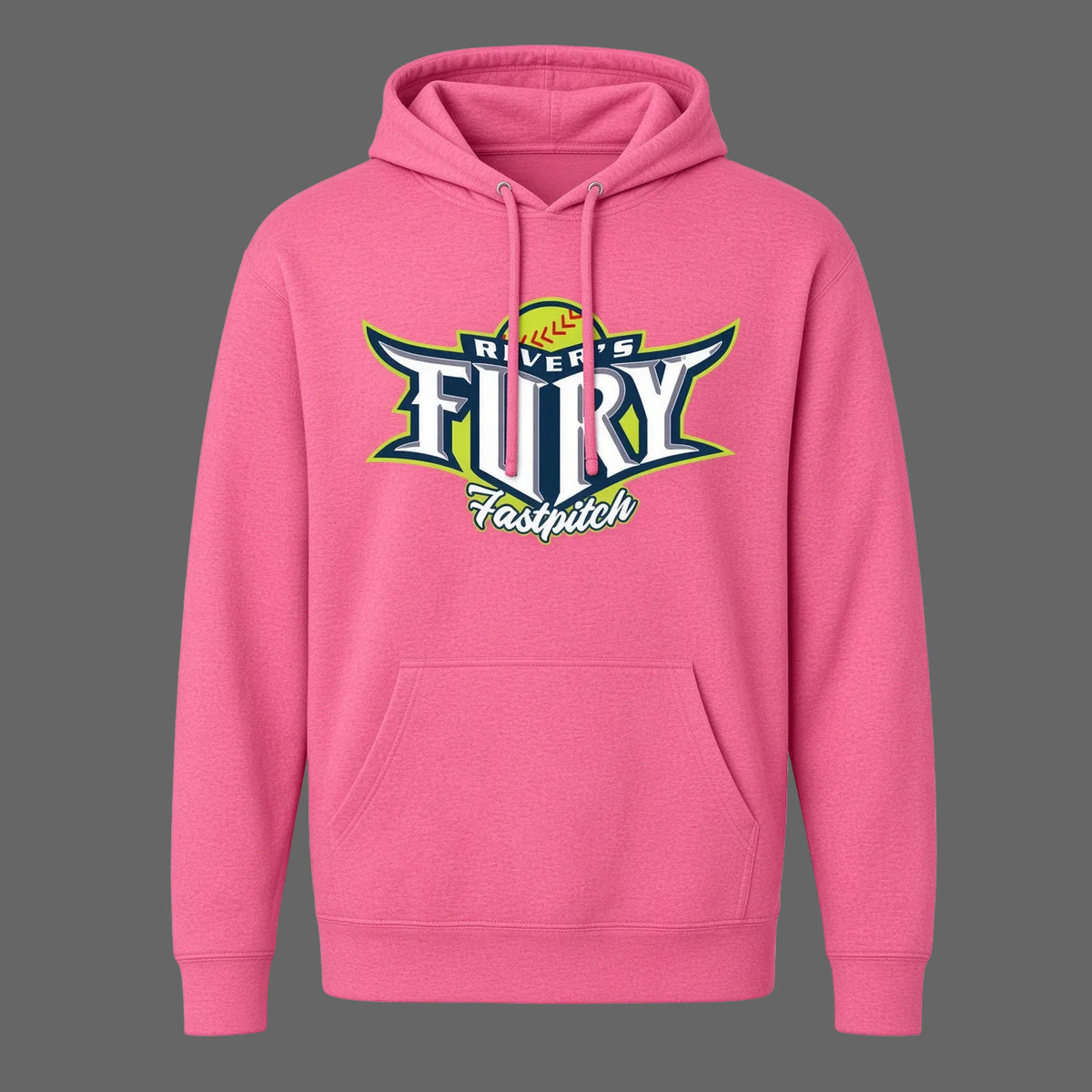 A pink pullover hoodie with a front kangaroo pocket and a large 'River's Fury Fastpitch' softball graphic on the chest, shown against a plain white background.