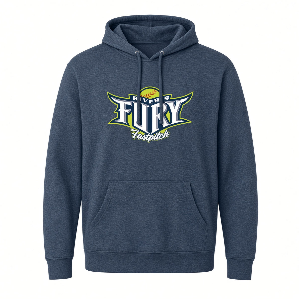 A heathered navy blue pullover hoodie featuring a 'River's Fury Fastpitch' baseball graphic on the chest, displayed on a clean white background.