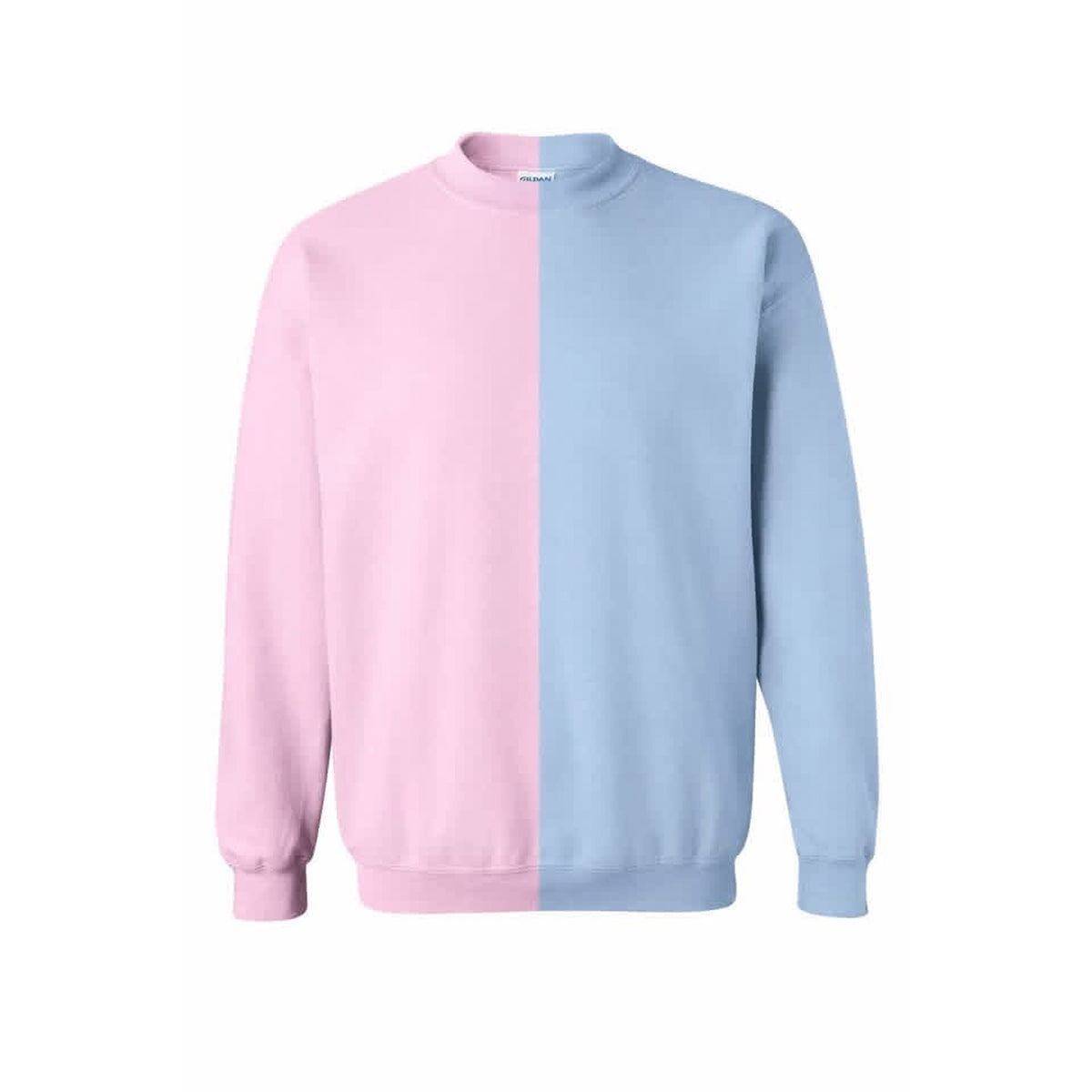 A long-sleeve crewneck sweatshirt with a vertical color-block design, featuring one half in light pink and the other half in light blue, shown against a plain white background.