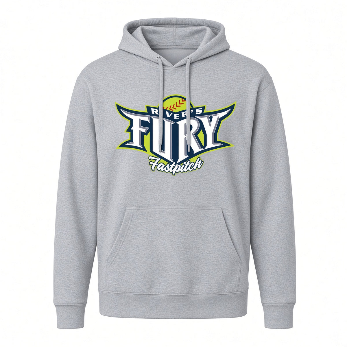 A light gray heather pullover hoodie featuring a large 'River's Fury Fastpitch' softball graphic on the chest, with a yellow softball graphic at the top of the logo.